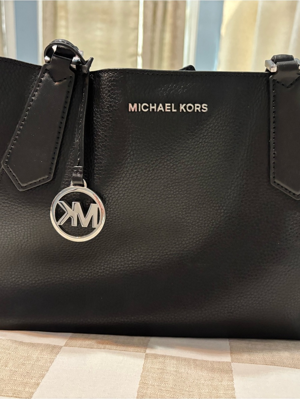 Michael Kors Black Leather Satchel with Logo Charm